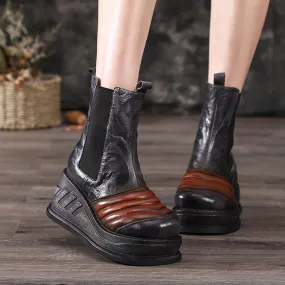 Autumn Winter Thick Wedges Leather Retro Elastic Comfortable Women's Boots