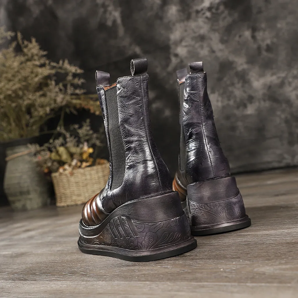 Autumn Winter Thick Wedges Leather Retro Elastic Comfortable Women's Boots