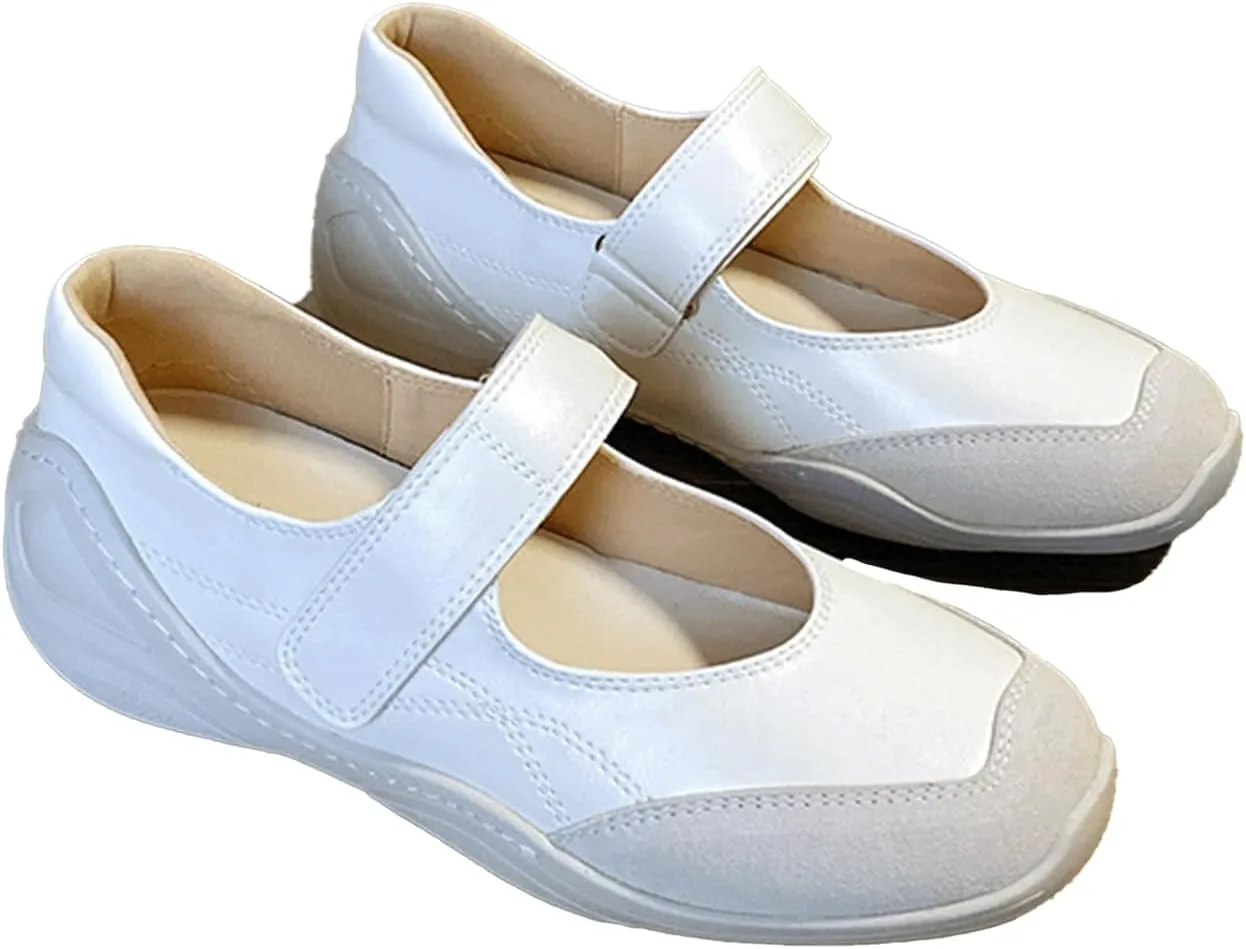 Ballet Sneakers for Woman Leather Trendy Wide Square Toe Colorblock Hook and Loop Mary Janes Elegant Ballerina Flats Fancy Comfort Ballet Shoes 2025 Spring Summer Party Daily