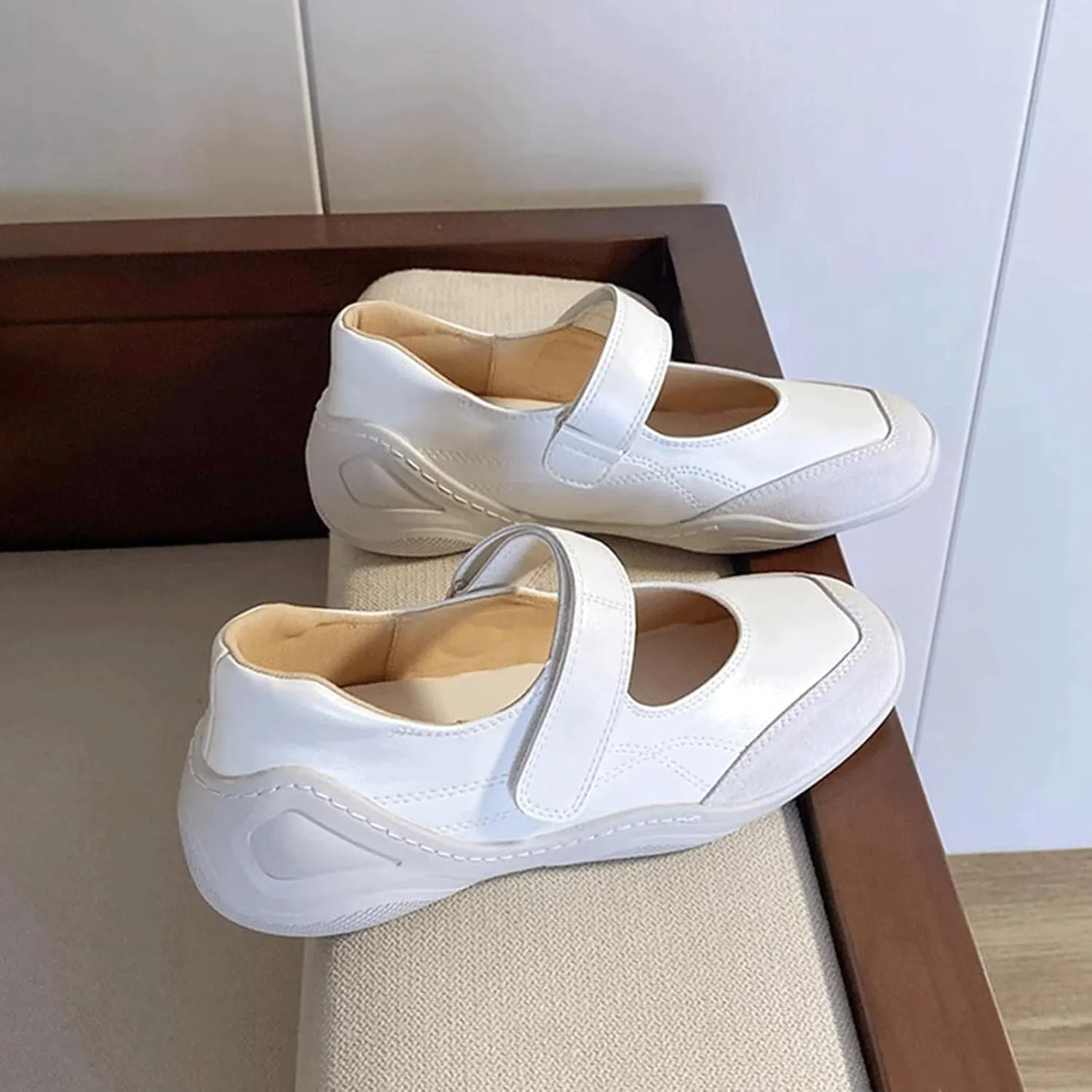 Ballet Sneakers for Woman Leather Trendy Wide Square Toe Colorblock Hook and Loop Mary Janes Elegant Ballerina Flats Fancy Comfort Ballet Shoes 2025 Spring Summer Party Daily