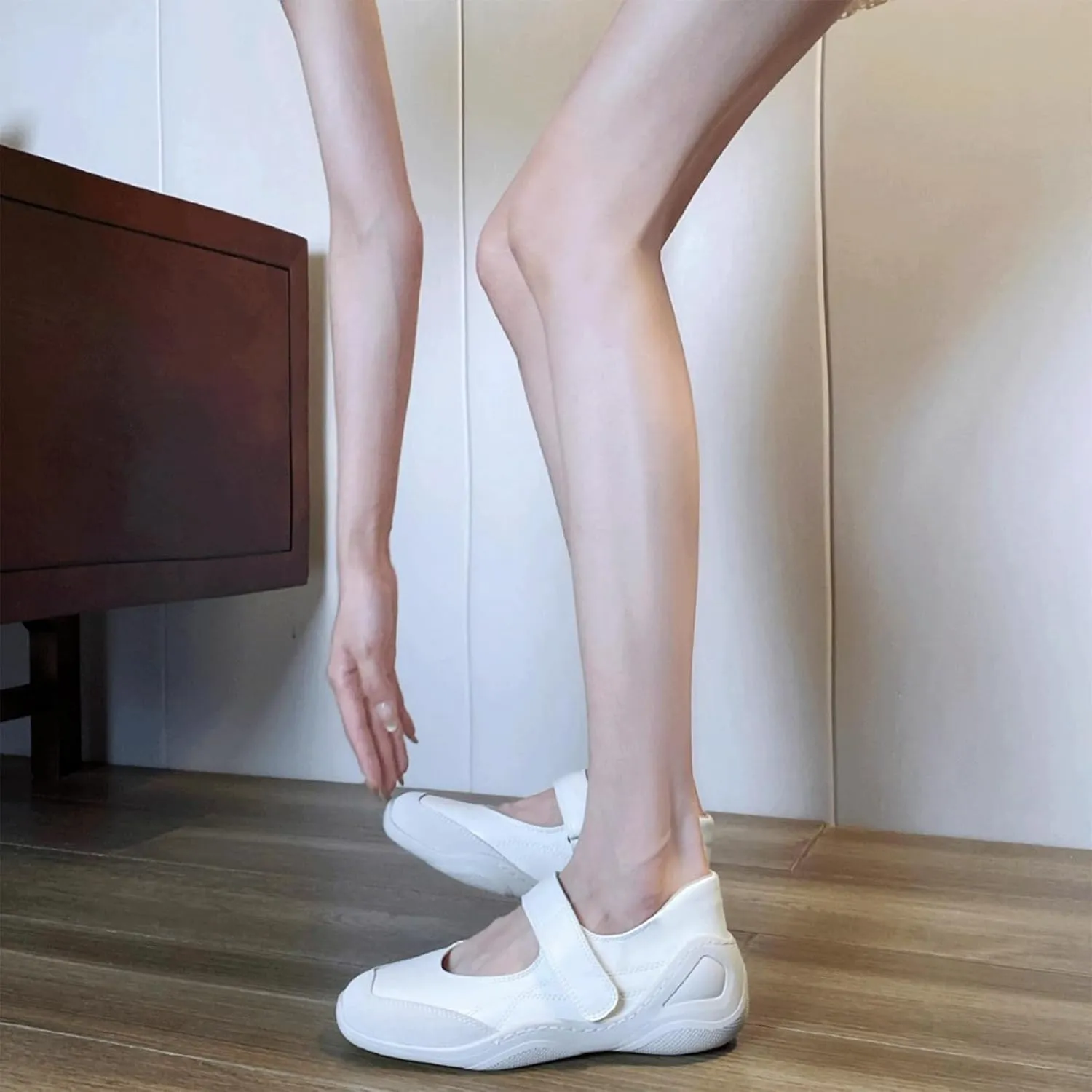 Ballet Sneakers for Woman Leather Trendy Wide Square Toe Colorblock Hook and Loop Mary Janes Elegant Ballerina Flats Fancy Comfort Ballet Shoes 2025 Spring Summer Party Daily