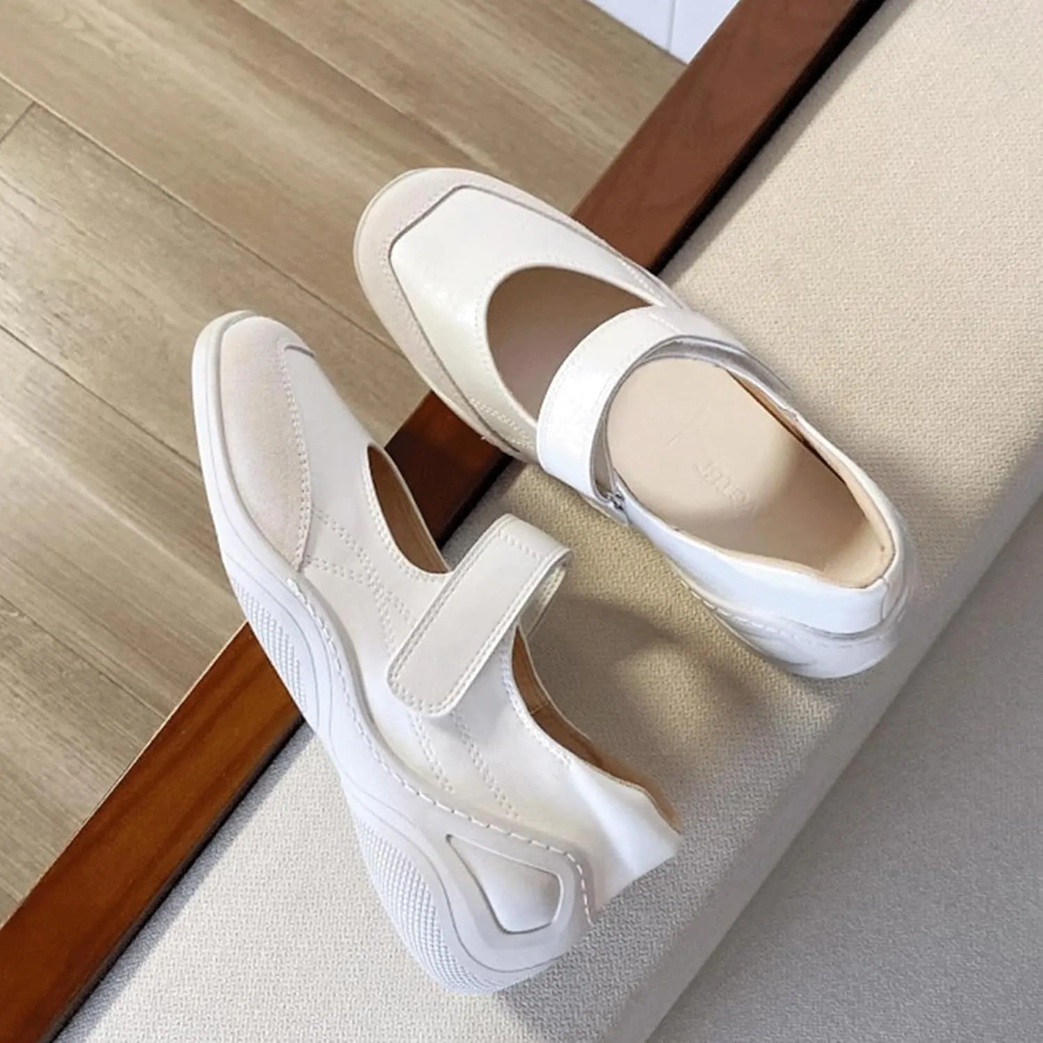 Ballet Sneakers for Woman Leather Trendy Wide Square Toe Colorblock Hook and Loop Mary Janes Elegant Ballerina Flats Fancy Comfort Ballet Shoes 2025 Spring Summer Party Daily