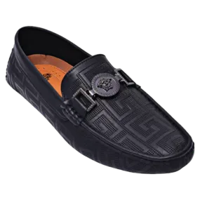 Black men's driver metal buckle printed leather loafer made by royal shoes