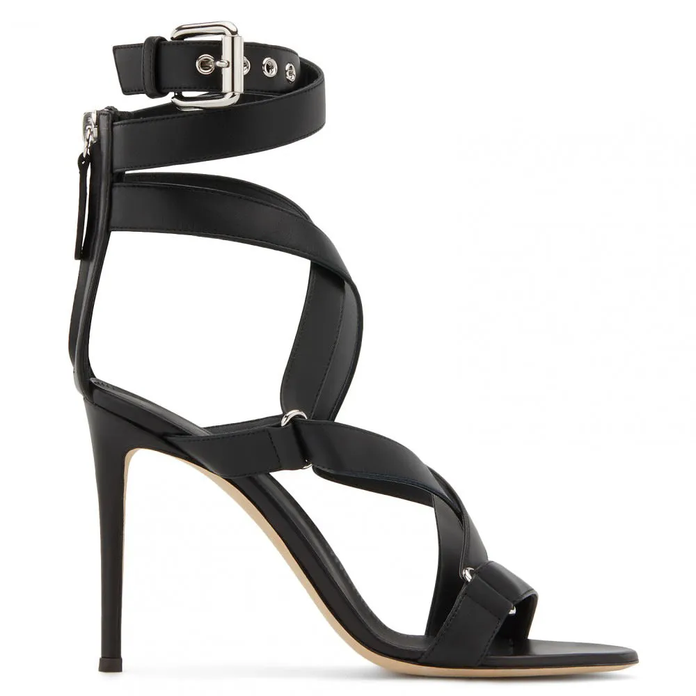 Black PU Buckle Cross Strap Back Zipper Stiletto Sandals