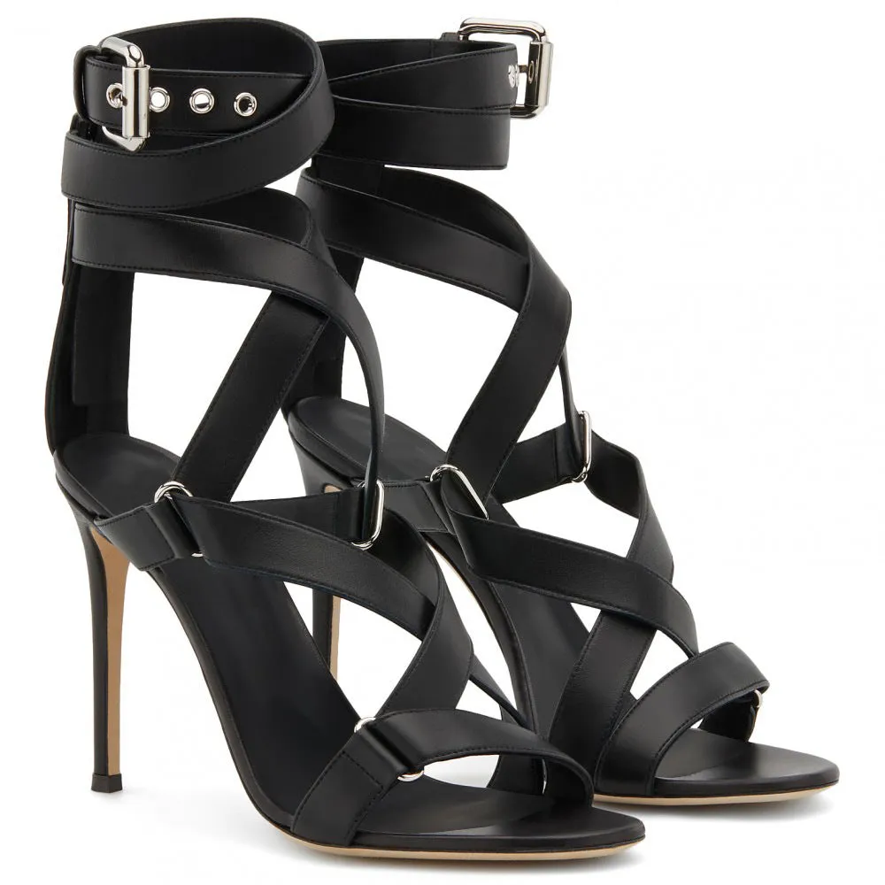 Black PU Buckle Cross Strap Back Zipper Stiletto Sandals
