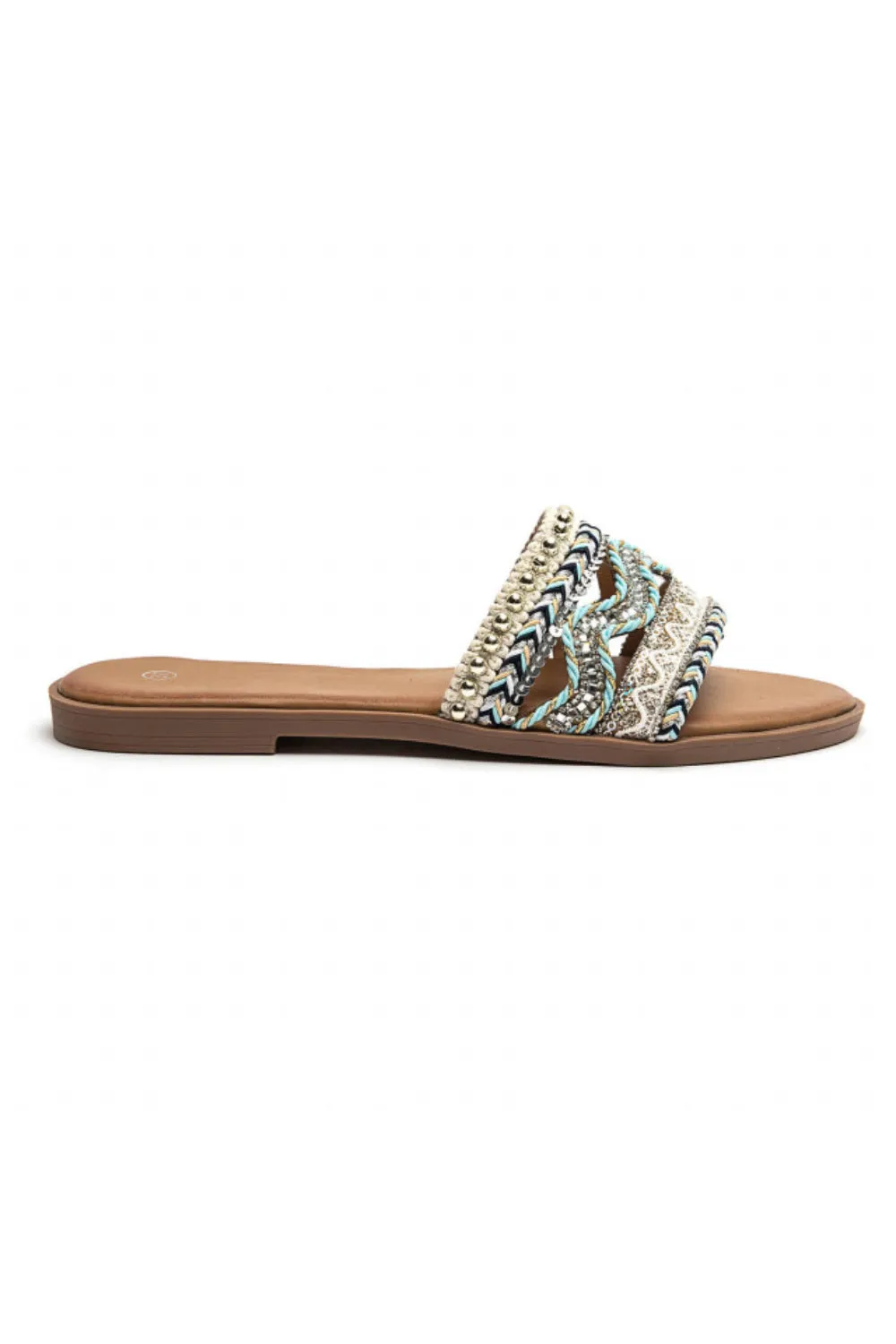 BLUE PATTERN DESIGN FLAT SLIP ON SANDALS