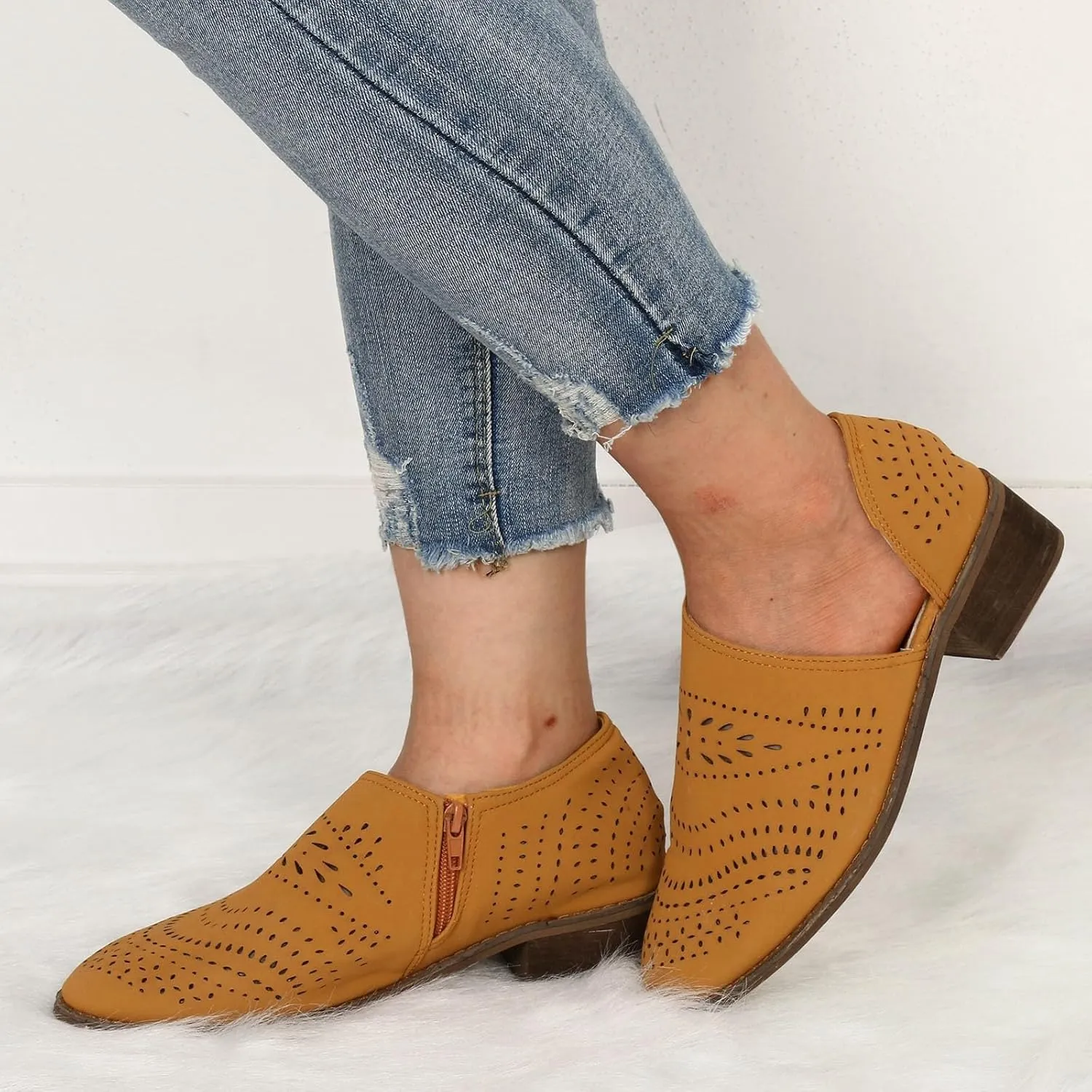 Boots for Women Chunky Heel Side Cut Hollow Casual Ankle Boots Solid Color Slip on Comfortable Women Boots