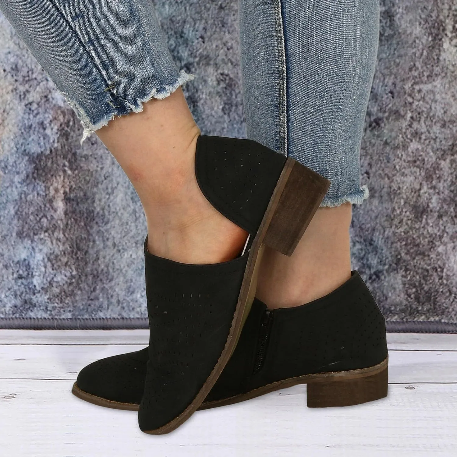 Boots for Women Chunky Heel Side Cut Hollow Casual Ankle Boots Solid Color Slip on Comfortable Women Boots