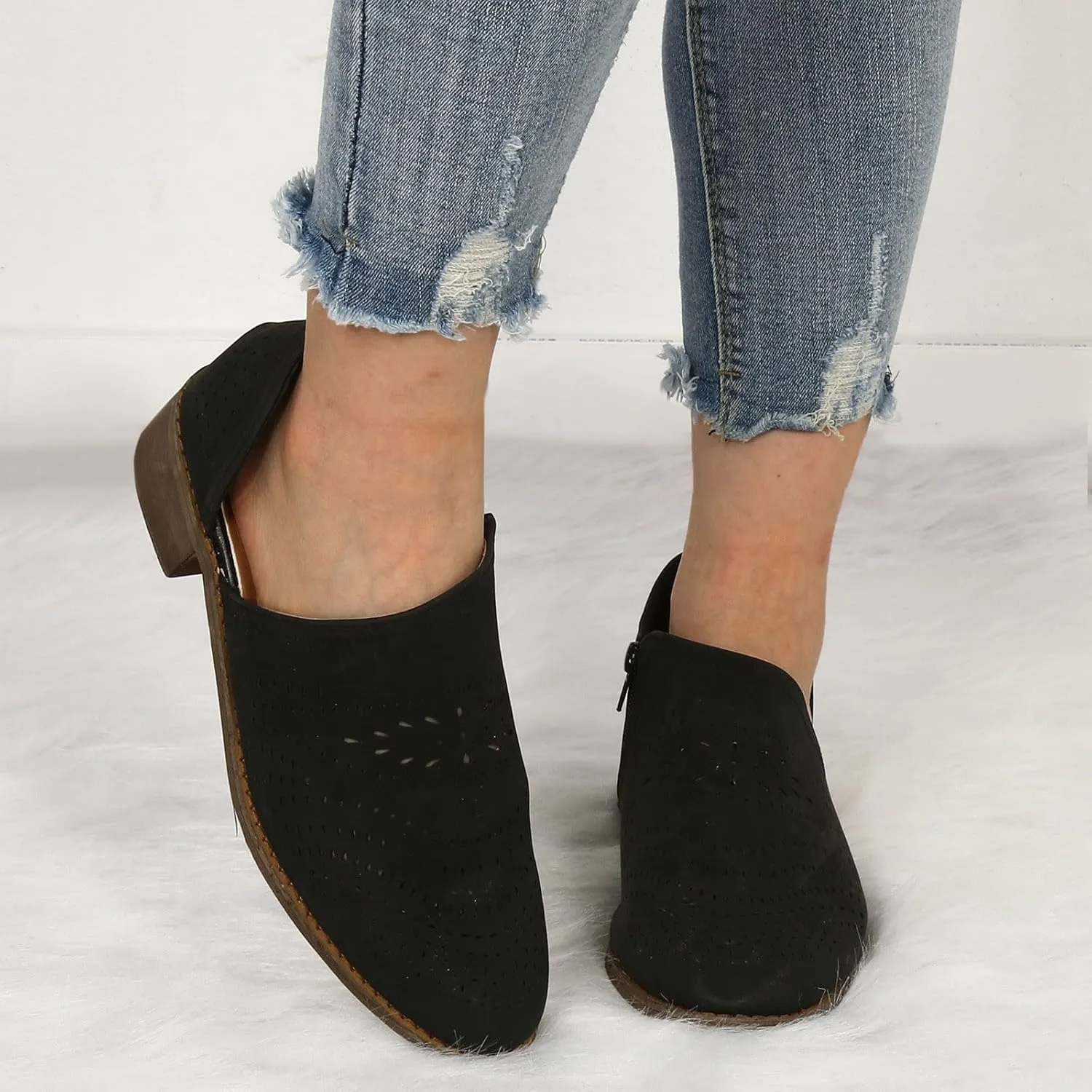 Boots for Women Chunky Heel Side Cut Hollow Casual Ankle Boots Solid Color Slip on Comfortable Women Boots