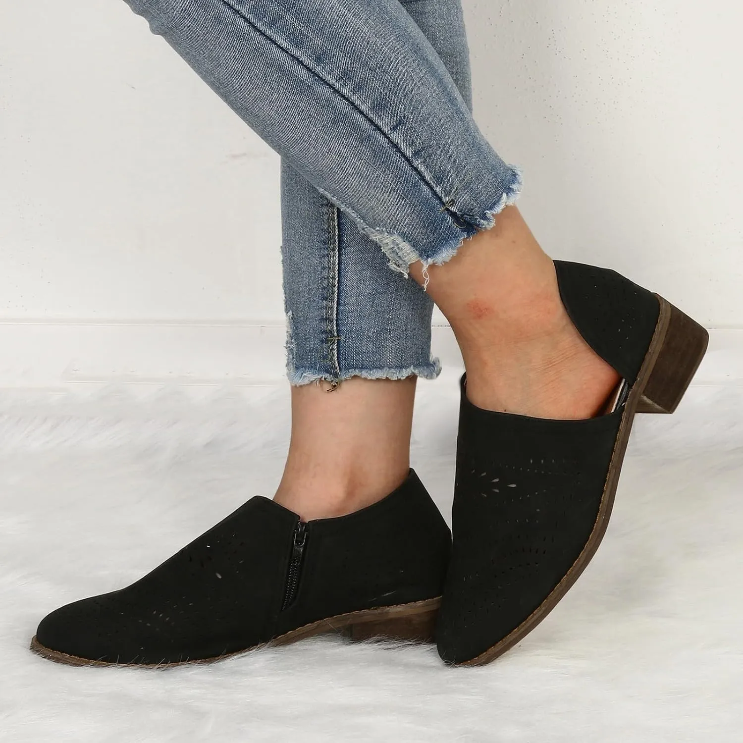 Boots for Women Chunky Heel Side Cut Hollow Casual Ankle Boots Solid Color Slip on Comfortable Women Boots