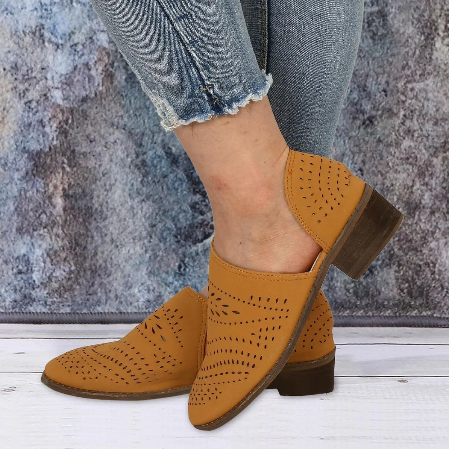 Boots for Women Chunky Heel Side Cut Hollow Casual Ankle Boots Solid Color Slip on Comfortable Women Boots