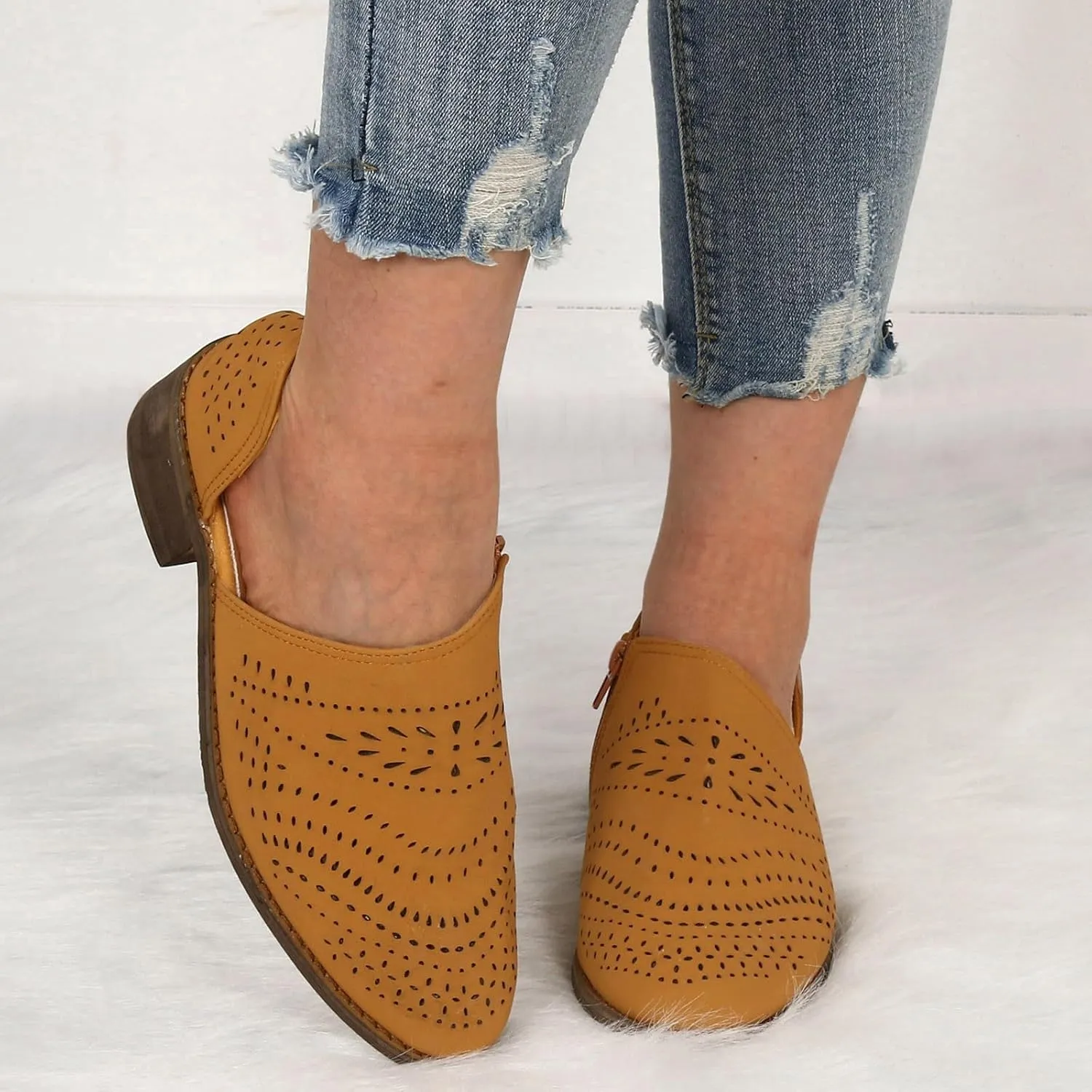 Boots for Women Chunky Heel Side Cut Hollow Casual Ankle Boots Solid Color Slip on Comfortable Women Boots