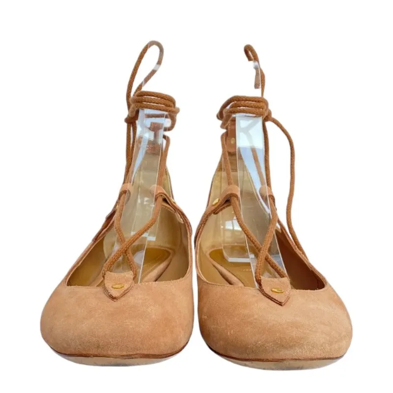CHLOE Foster Camel Suede Lace-Up Ballerina Flat Ballet Shoes, Size 37.5