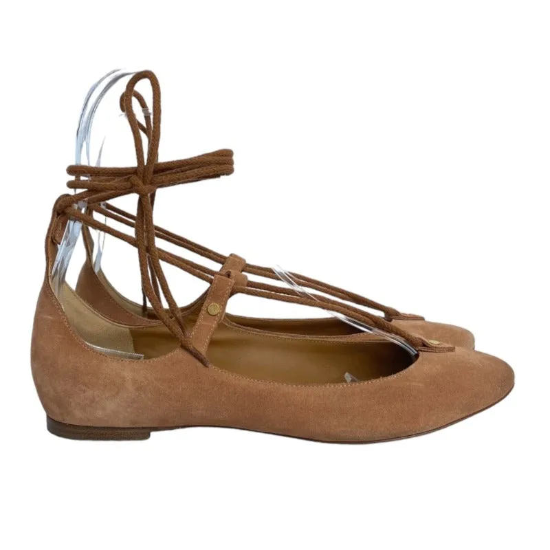CHLOE Foster Camel Suede Lace-Up Ballerina Flat Ballet Shoes, Size 37.5
