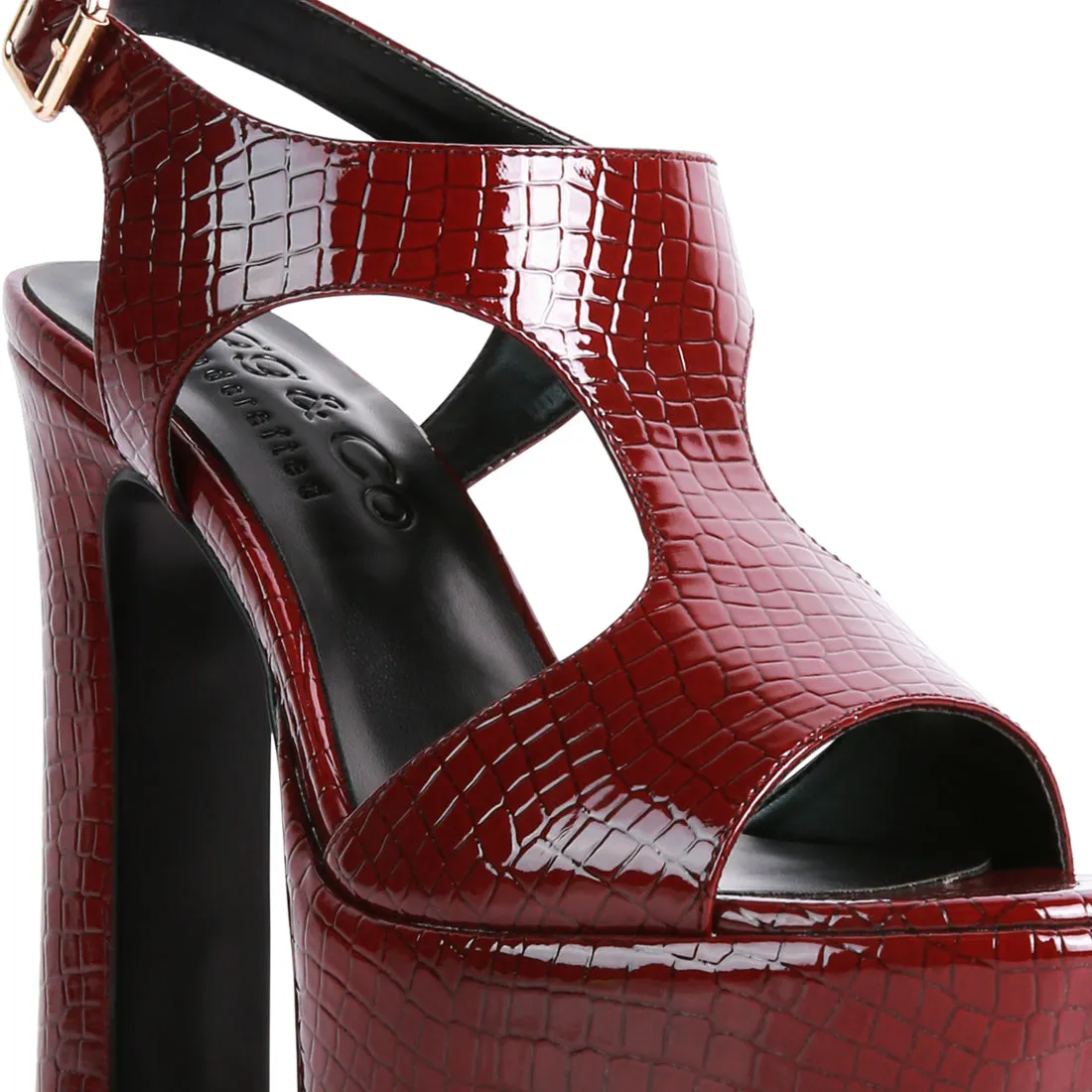 Croc High Heeled Cut Out Sandals In Burgundy