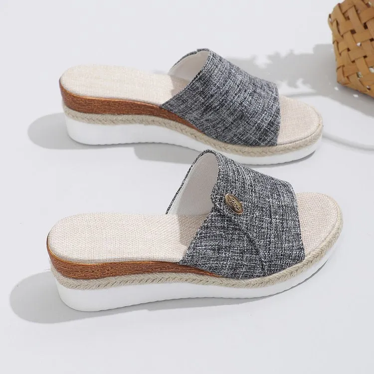 Denim peep toe wedge slides
