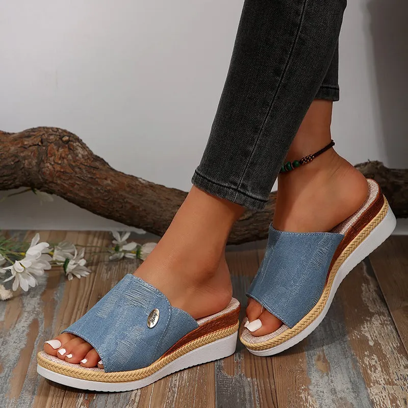 Denim peep toe wedge slides