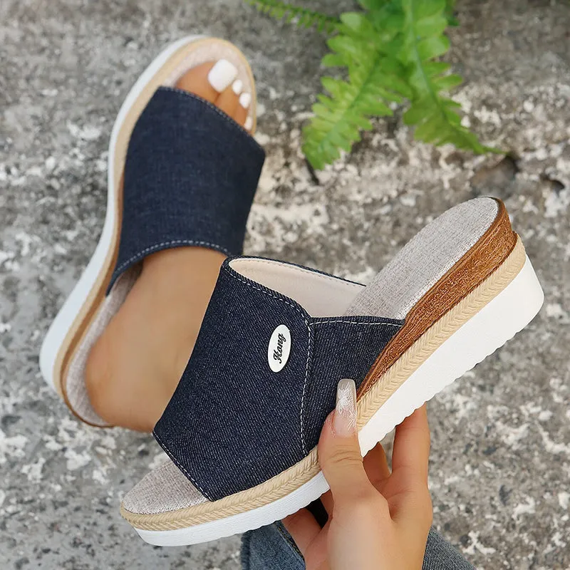 Denim peep toe wedge slides