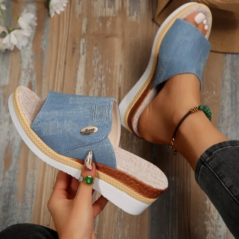 Denim peep toe wedge slides