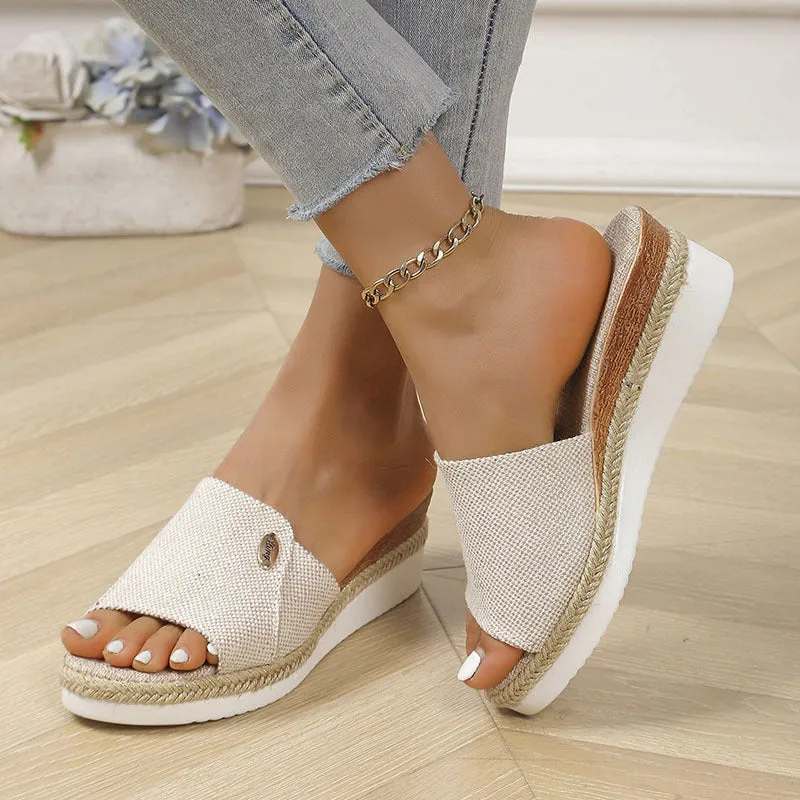 Denim peep toe wedge slides