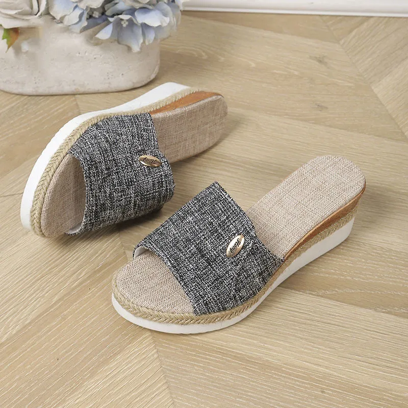Denim peep toe wedge slides