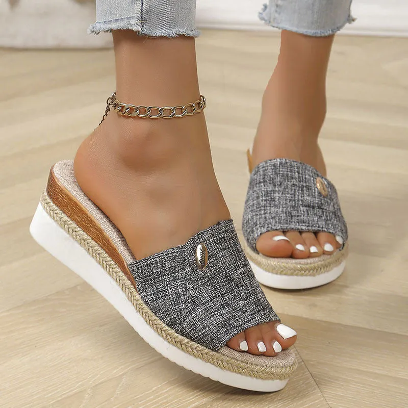 Denim peep toe wedge slides