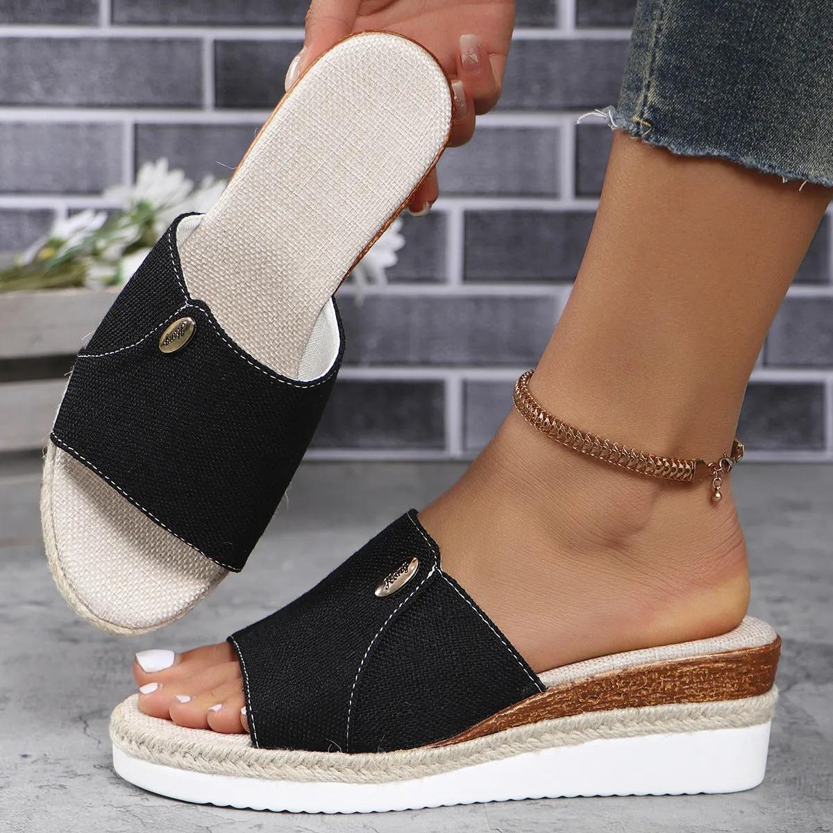 Denim peep toe wedge slides