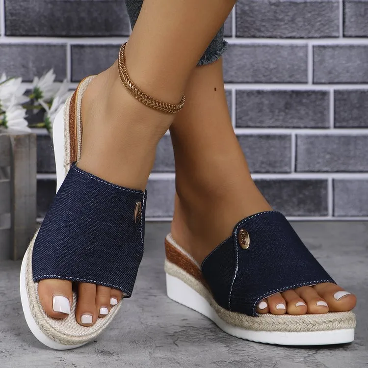 Denim peep toe wedge slides
