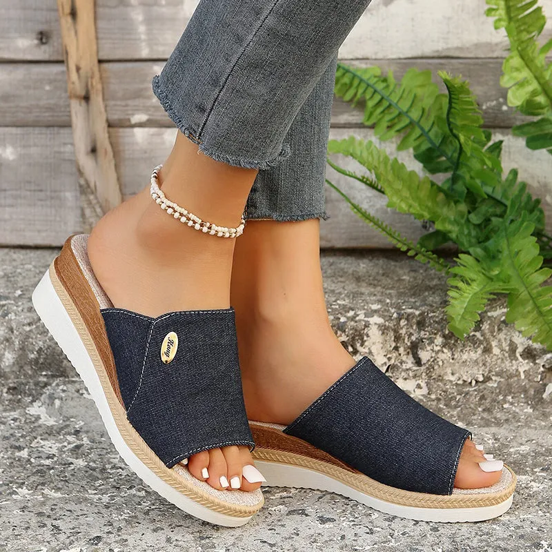 Denim peep toe wedge slides