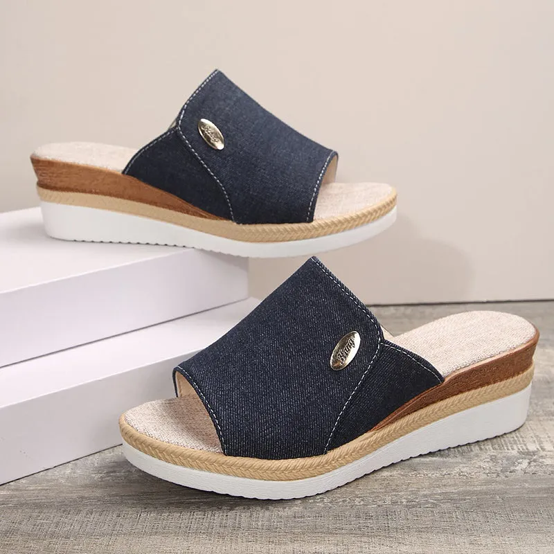 Denim peep toe wedge slides