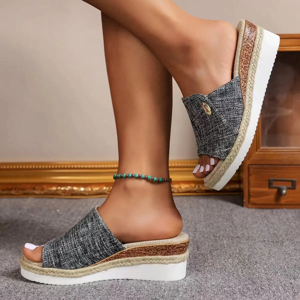 Denim peep toe wedge slides