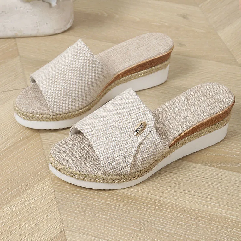Denim peep toe wedge slides