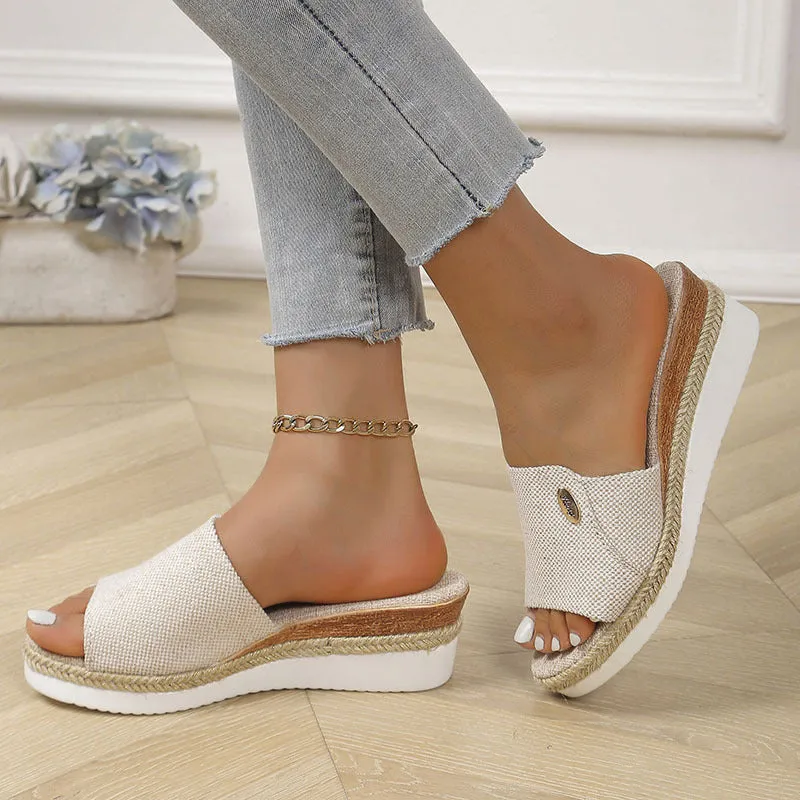 Denim peep toe wedge slides
