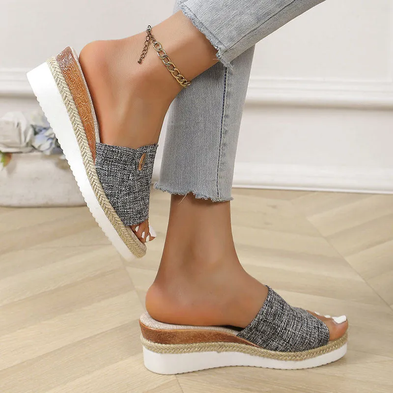 Denim peep toe wedge slides