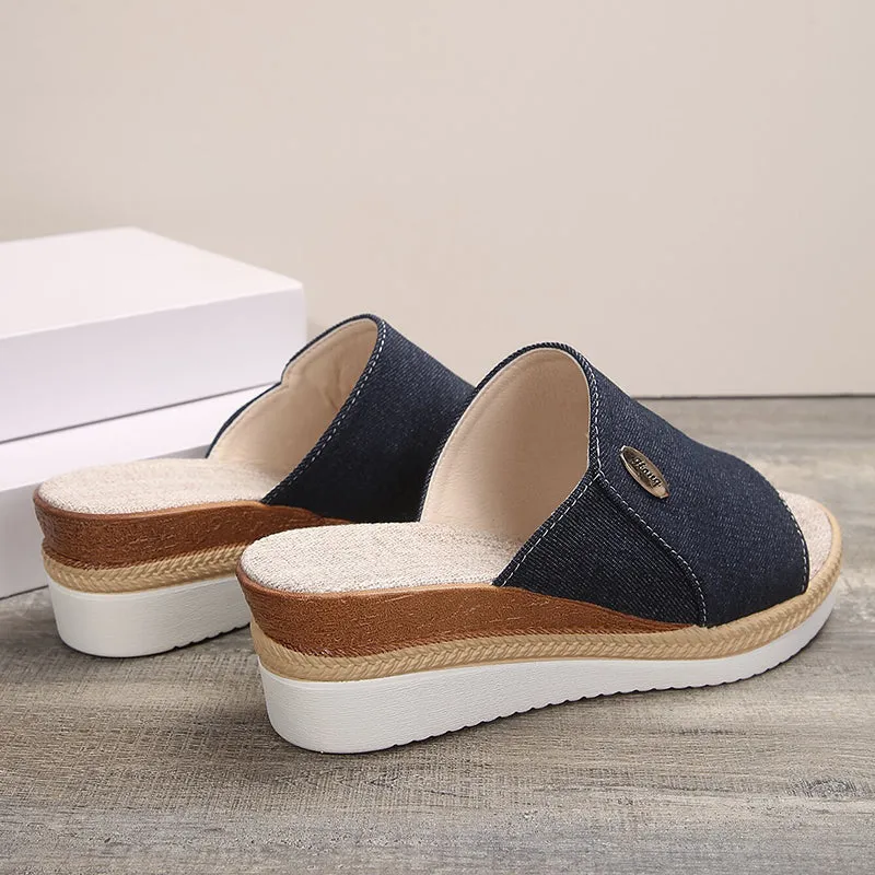 Denim peep toe wedge slides
