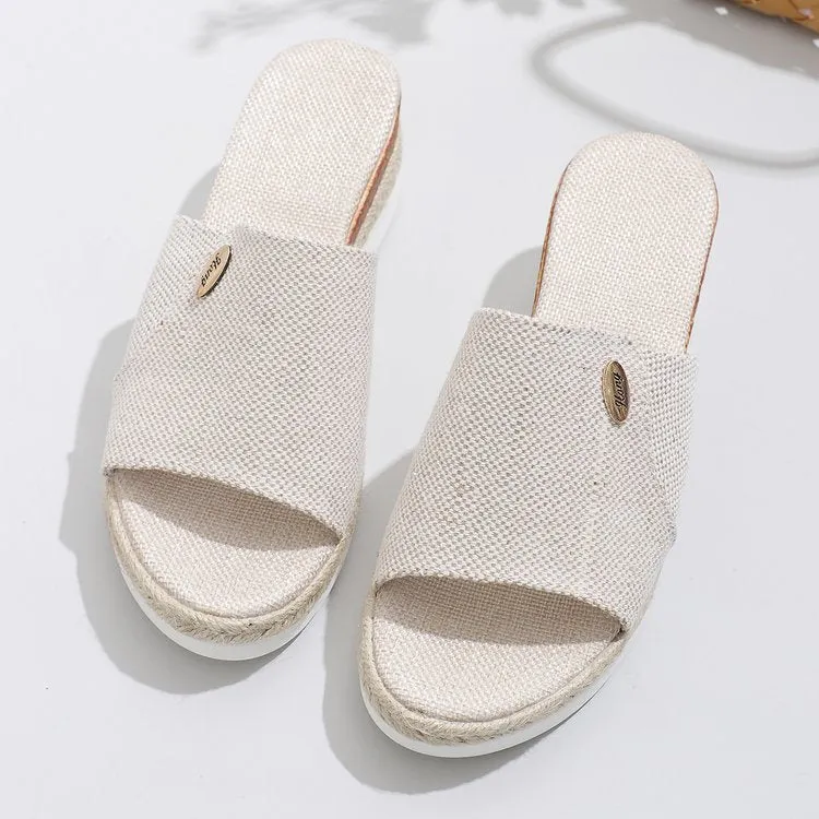 Denim peep toe wedge slides