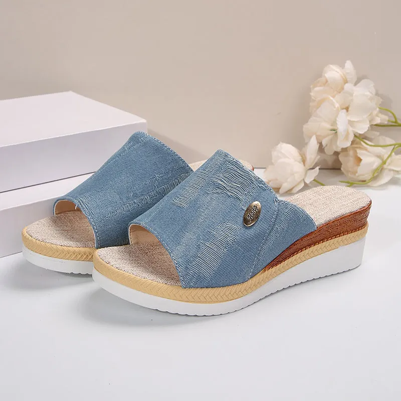 Denim peep toe wedge slides