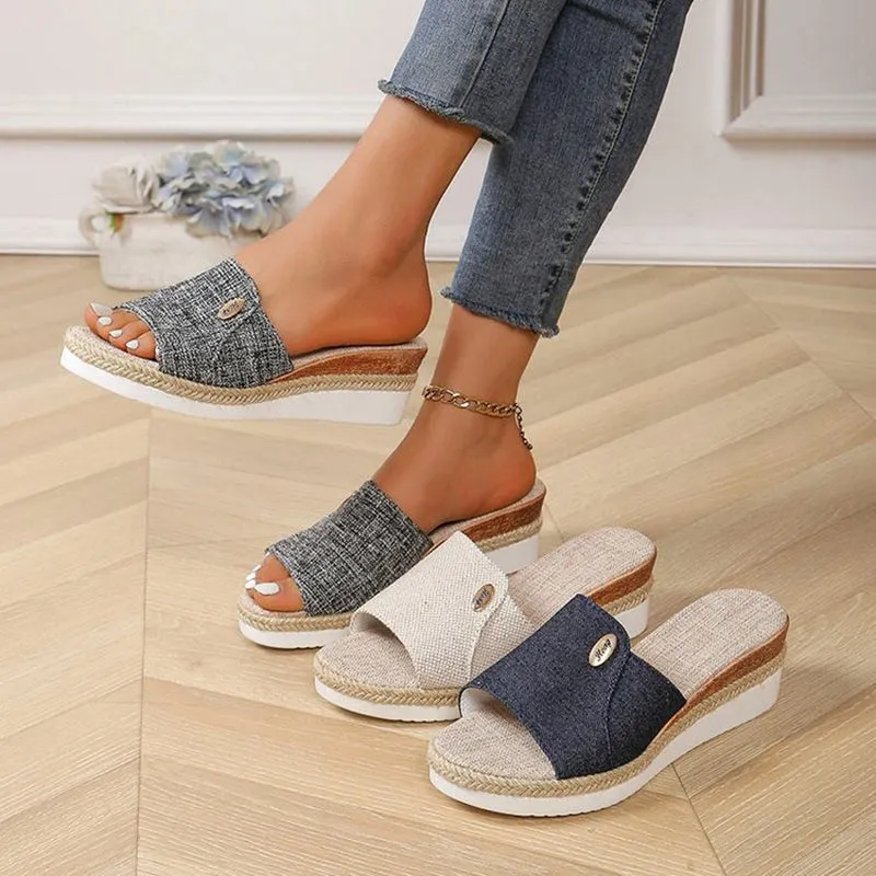 Denim peep toe wedge slides