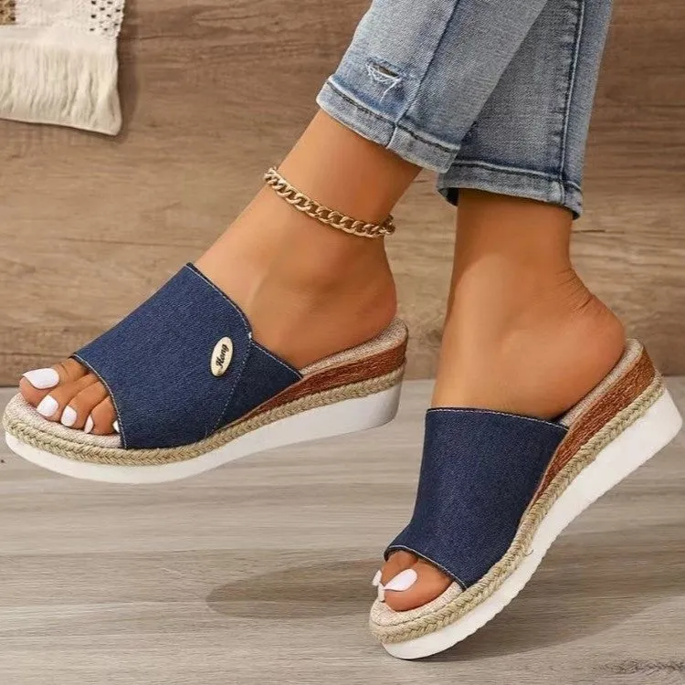 Denim peep toe wedge slides