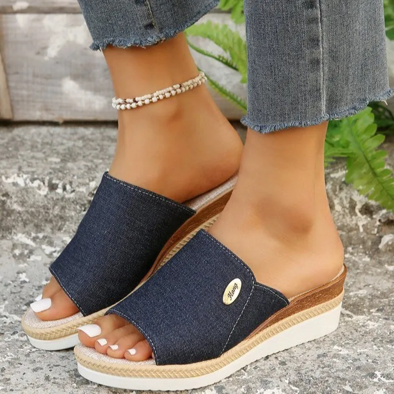 Denim peep toe wedge slides