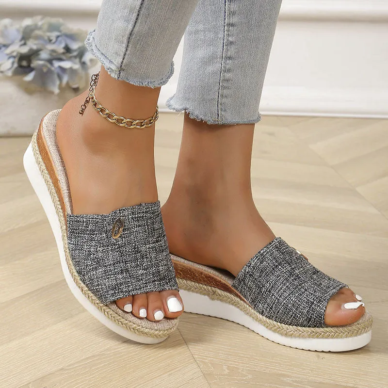 Denim peep toe wedge slides