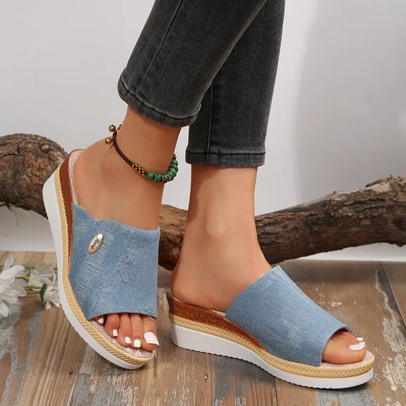 Denim peep toe wedge slides