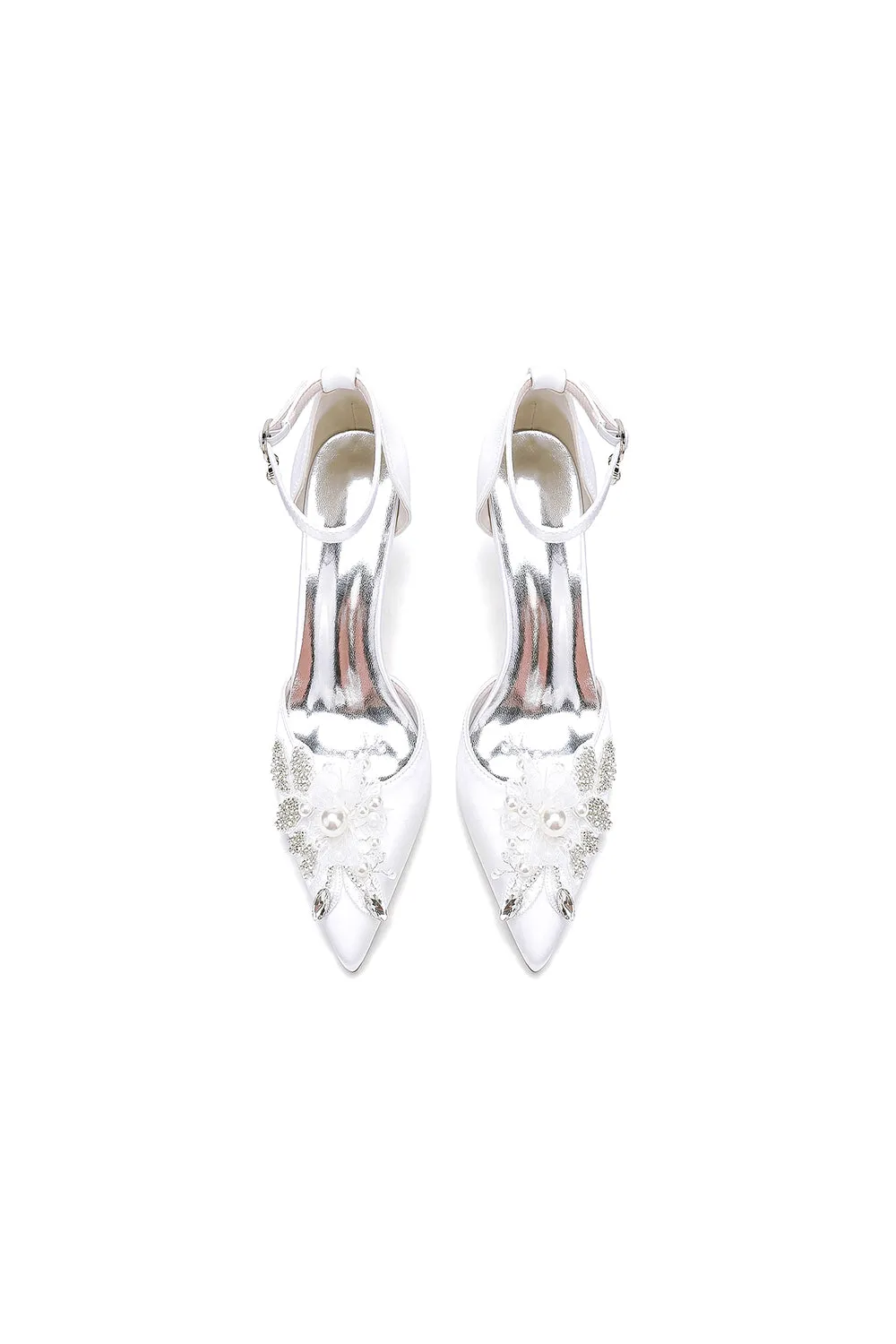Elegant Ankle Strap White Wedding Shoes With Rhinestone Flower