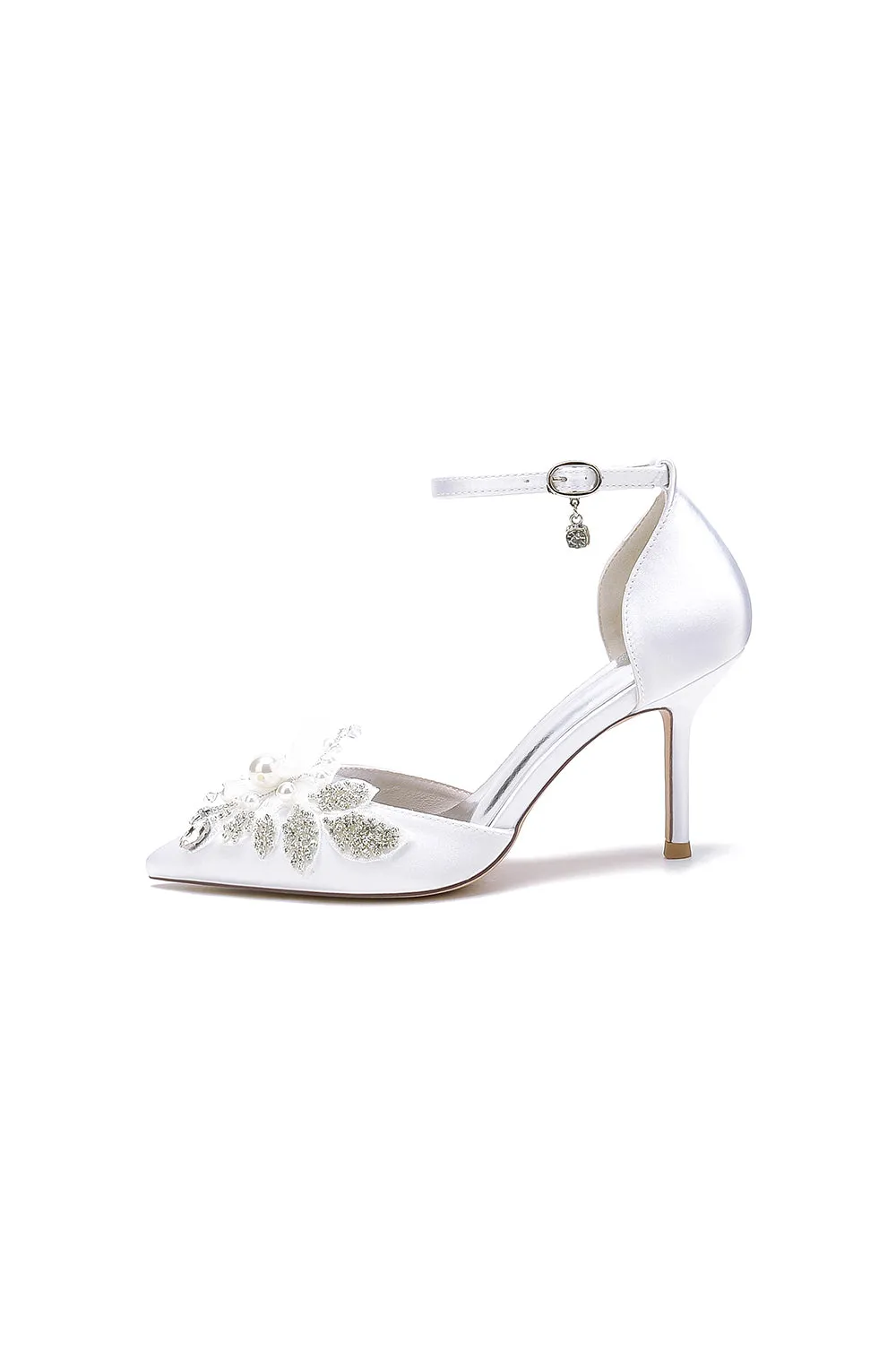 Elegant Ankle Strap White Wedding Shoes With Rhinestone Flower