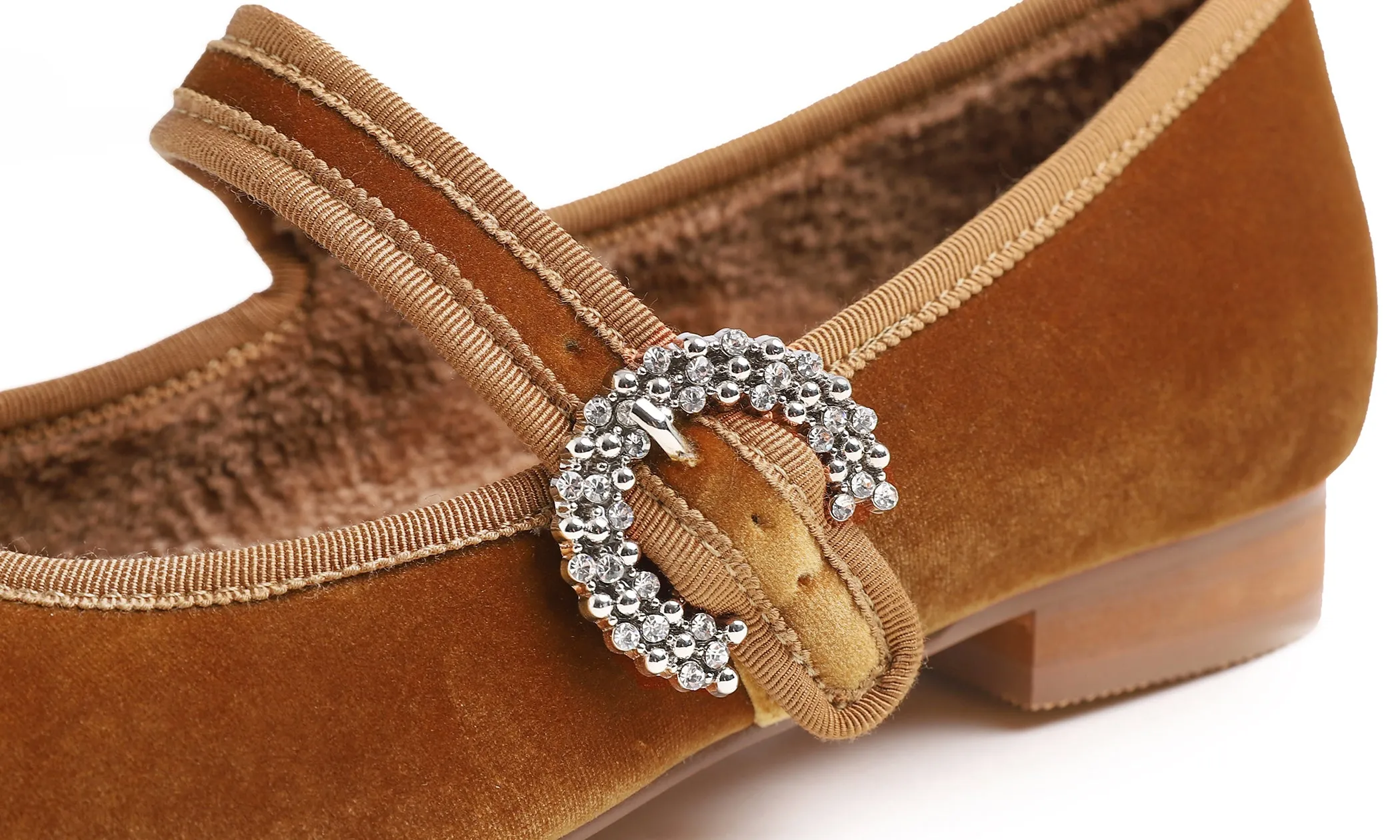 Feversole Women's Mary Jane Fashion Square Toe Easy Buckle Low Heel Slip On Flats Velvet Fur Lined Rhinestone
