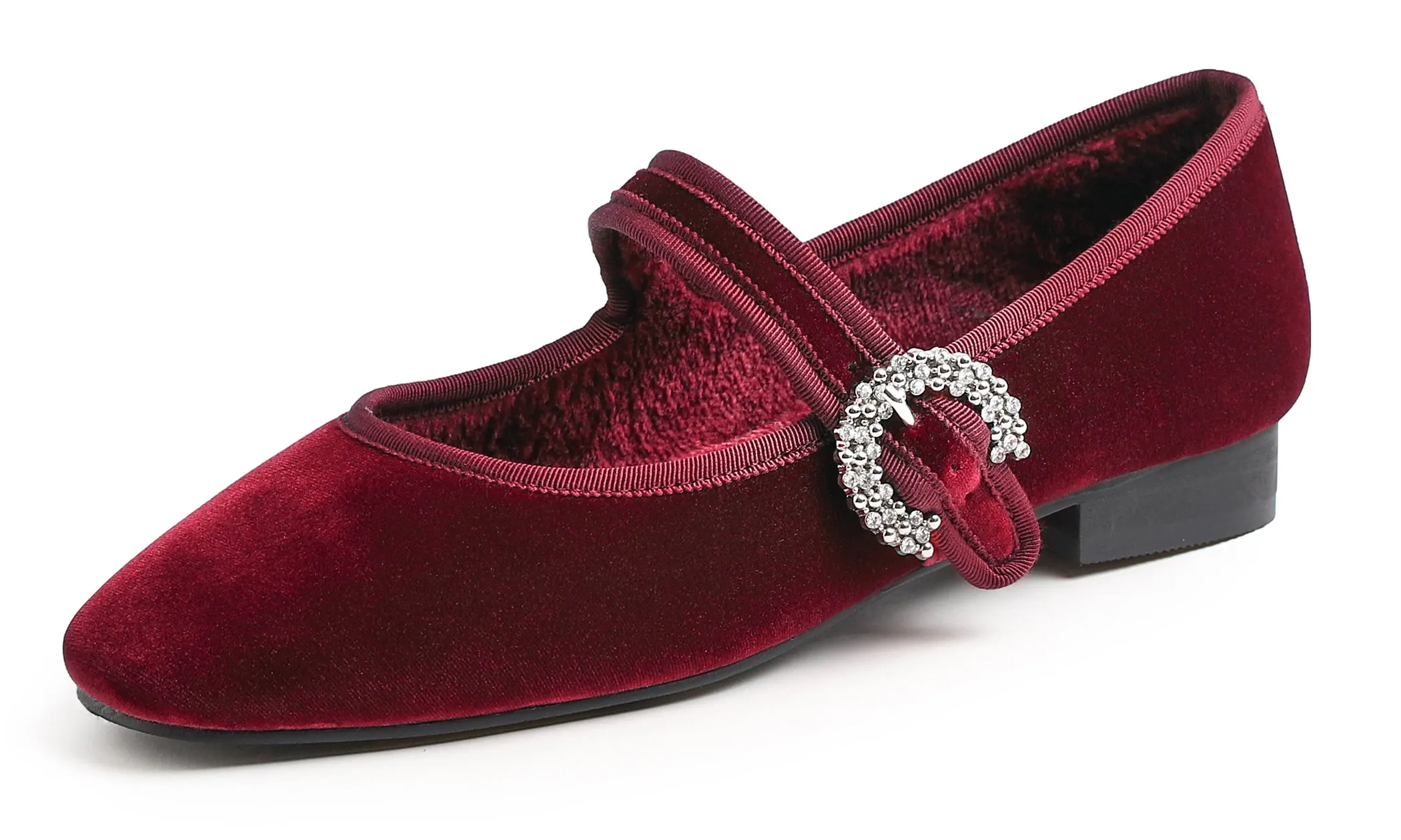 Feversole Women's Mary Jane Fashion Square Toe Easy Buckle Low Heel Slip On Flats Velvet Fur Lined Rhinestone