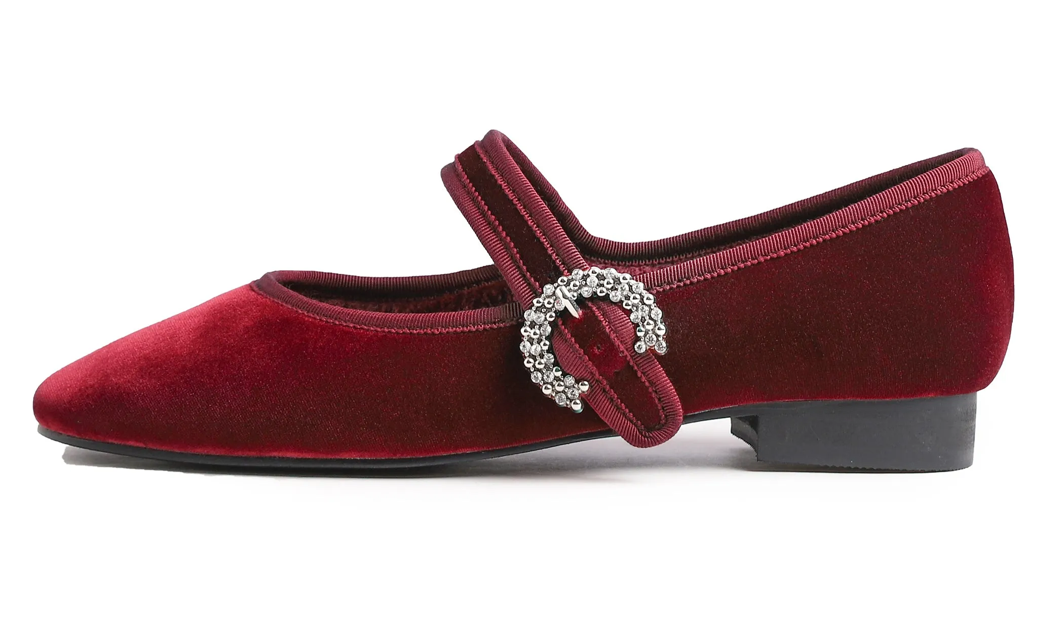 Feversole Women's Mary Jane Fashion Square Toe Easy Buckle Low Heel Slip On Flats Velvet Fur Lined Rhinestone