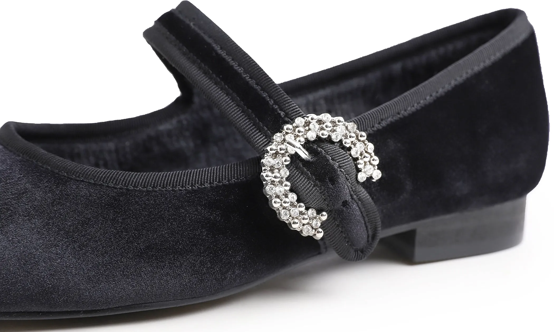 Feversole Women's Mary Jane Fashion Square Toe Easy Buckle Low Heel Slip On Flats Velvet Fur Lined Rhinestone