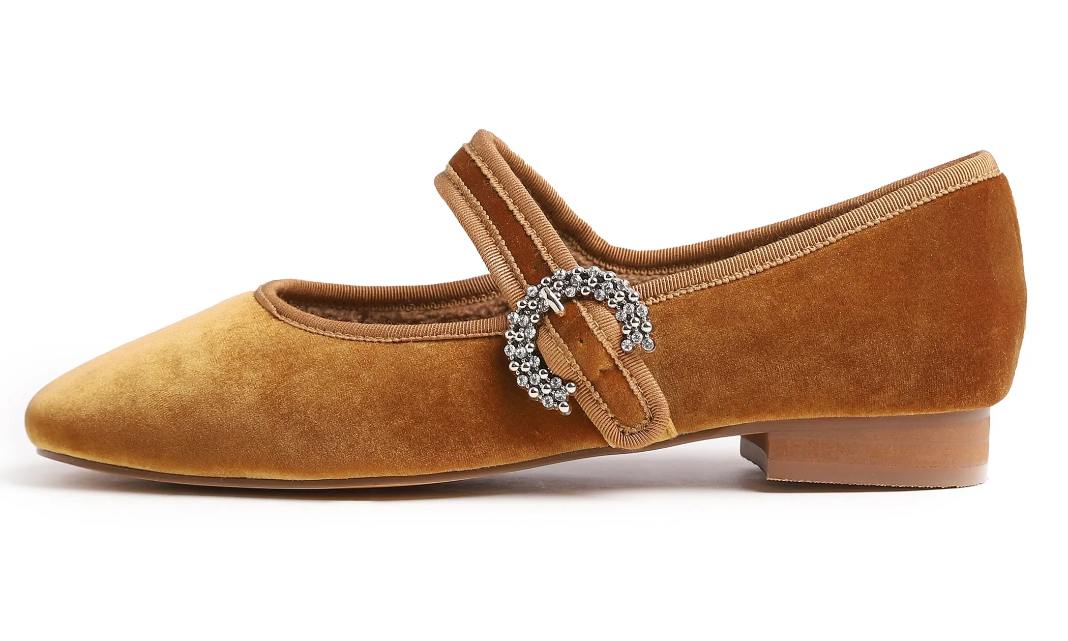 Feversole Women's Mary Jane Fashion Square Toe Easy Buckle Low Heel Slip On Flats Velvet Fur Lined Rhinestone