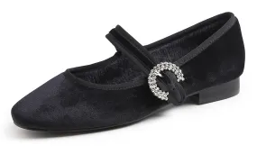 Feversole Women's Mary Jane Fashion Square Toe Easy Buckle Low Heel Slip On Flats Velvet Fur Lined Rhinestone